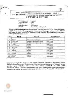 Berita Acara Pembentukan Kelompok dan Pengurus Kelompok Masyarakat dan Penetapan Prioritas Usulan...